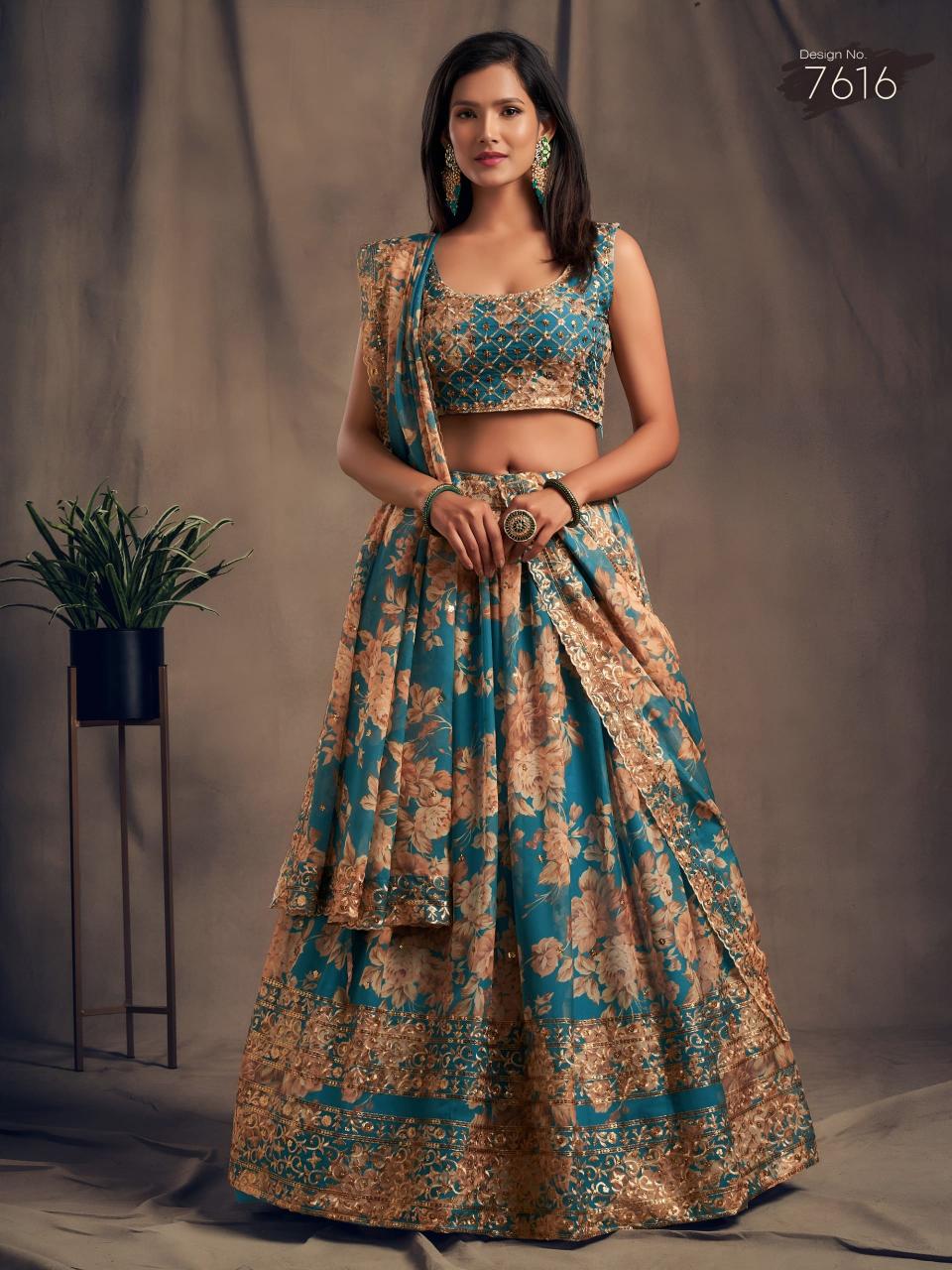 Floral vol 2 Organza Teal Blue Lehenga choli supplier in Gujarat